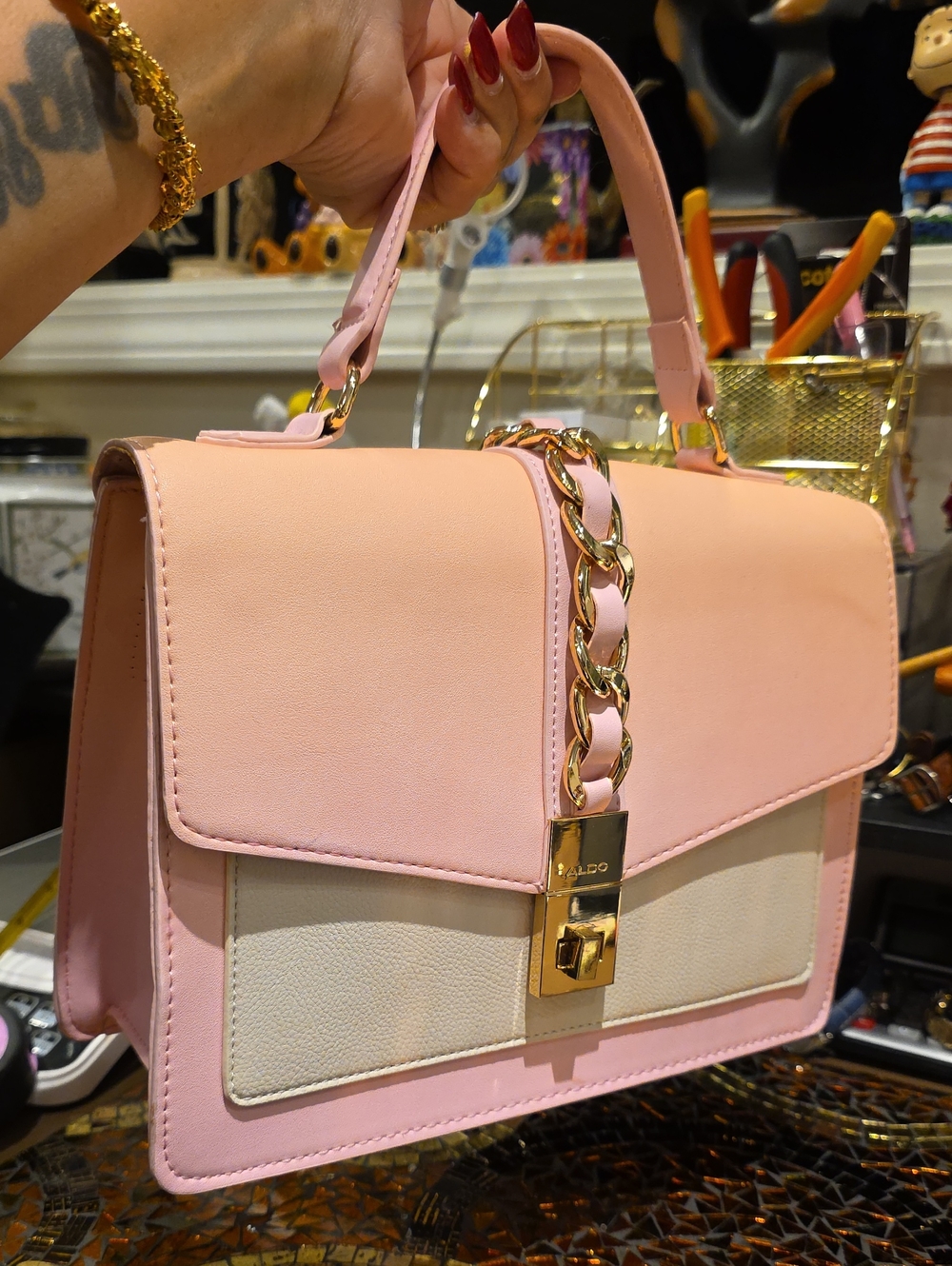 ALDO Pink and Cream Top-Handle Satchel with Gold Chain - Picture 1 of 11